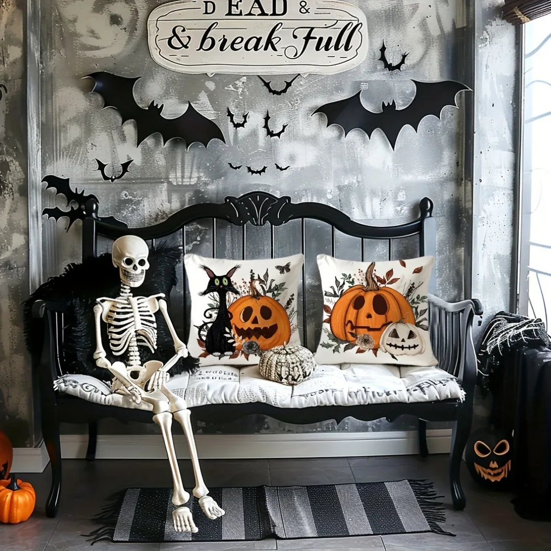 4Pcs Halloween Linen Cushion Cover Trick or Treat Theme Pillowcase Cat Pumpkin Pillow Cover Halloween Party Decoration 2025