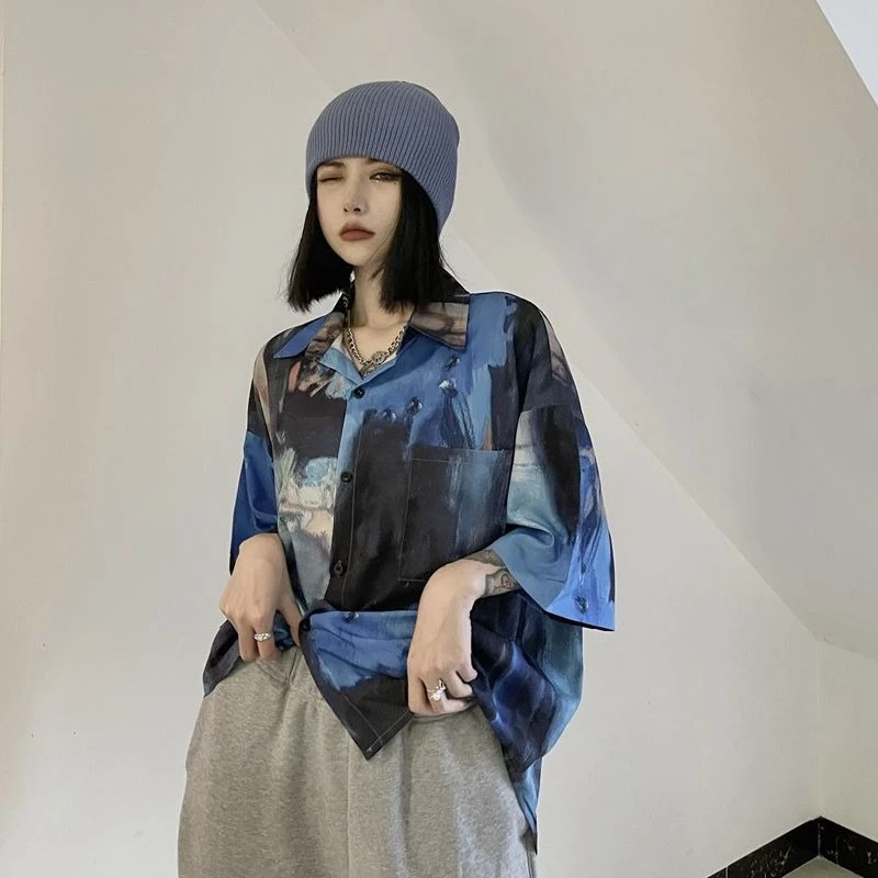

Women Tie Dye Splash Ink Shirt Spring Summer Layering New Arrival Korean Harajuku Style Short Sleeve Loose Fit Versatile Couple