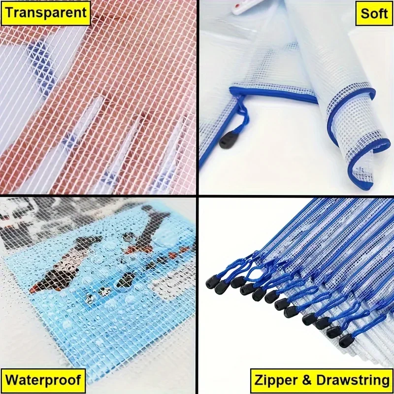 10 Pack Zipper Storage Bag Pouch Waterproof  A3 A4 A5 PVC Mesh Zipper Bag for Files Toy Stationery for Office Home Travel Use