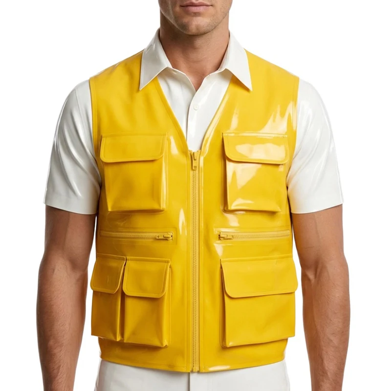 Yellow Sexy Latex Fishing Vest With Zipper Multi-pocket Mini Short Rubber Waistcoat Gilet Tank Top Singlet Top YF-0459