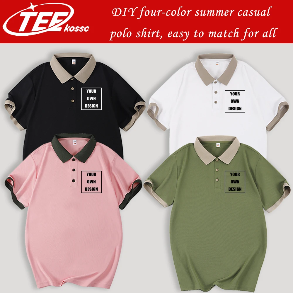 Padrão personalizado logotipo diy mans lapela polo camisa casual waer verão respirável camiseta gola emenda unisex na moda roupas macias