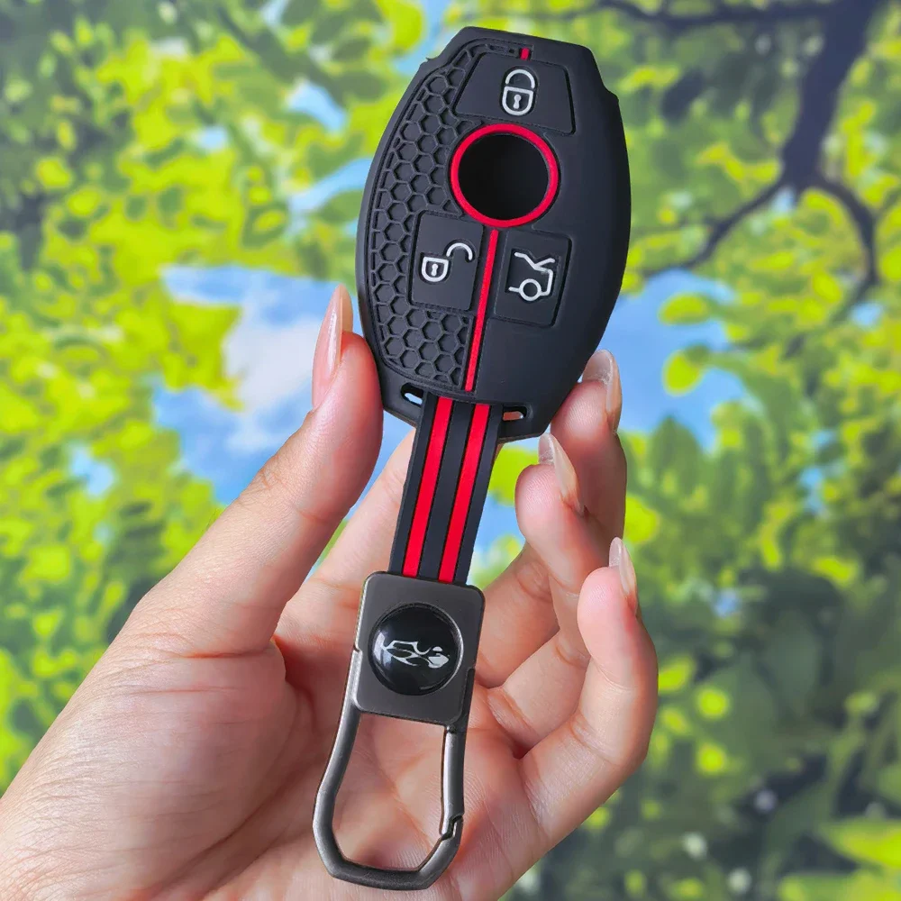 Honeycomb Racing Stripe Silicone Key Case with Keychain for Mercedes Benz A B C E Class GLS GLA GLK GLC CLS CLA AMG
