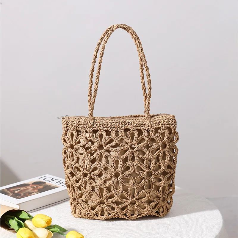 

Hollowed Out Flowers Straw Bag Woven Bag Female One Shoulder Portable Seaside Holiday Beach Photo Rattan Bag Storage Basket