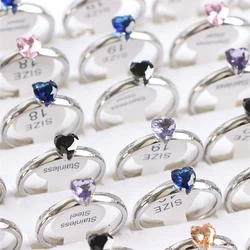 20Pcs/Lot Fashion Colorful Heart Crystal Stainless Steel Rings Jewelry For Women Gold Silver Plated Wedding Party Gift Wholesale