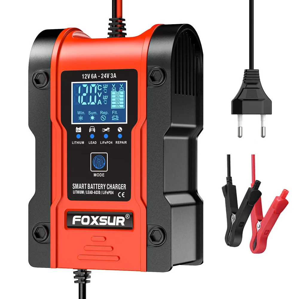 FOXSUR 12.6V Li-Ion Lithium Lipolymer Battery Charger, 12V 24V Motorcycle Car Truck Battery Charger, 7-stage LiFePo4 Charger