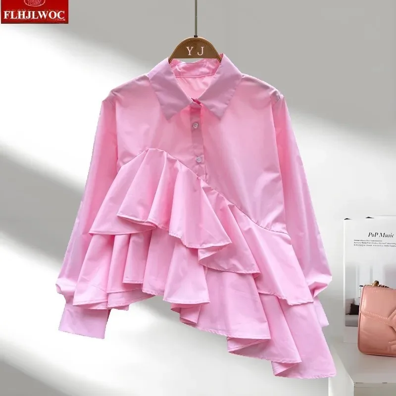 French Design Ruffles Tops Blouses New 2026 Spring Summer Cute Girls European Style Long Sleeve Irregular Solid White Shirts view 4