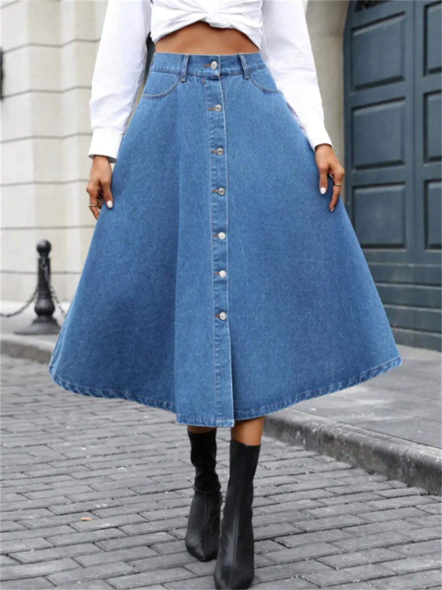 Benuynffy Vintage Button Front Denim Skirt Women's 2024 Autumn Winter Elegant High-waisted Female Big Swing Jean Long Skirts