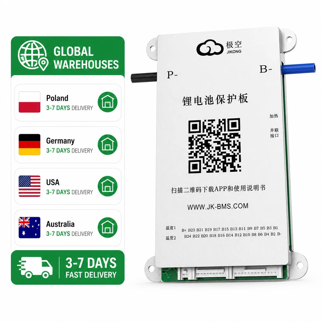 24S 24V 48V 72V BMS PCBA | JIKONG JK-BD4A24S4P 40A 0.4A Active Balance Li-ion LiFePO4 LTO Inverter