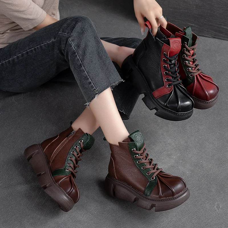 

GKTINOO 2024 Vintage Style Genuine Leather Women Boots Flat Booties Soft Cowhide Women's Shoes Zip Ankle Boots zapatos mujer