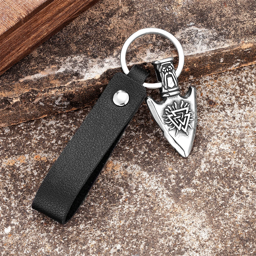 Viking Runes Compass Spear Keychain Mens Norse Shield Trinity Stainless SteelPendant Keyring Punk Self-defense Jewelry Male Gift