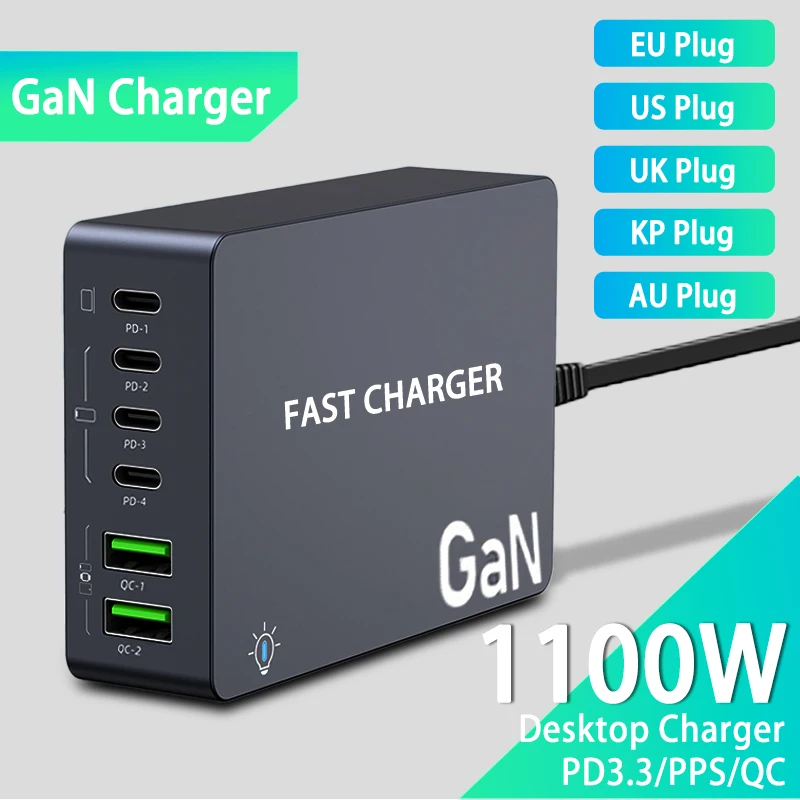 

USB C Multi Port Socket Adapter 6 Port GaN Charger AU/BR/EU/KR/US/UK Plug For Smartphone Tablet Laptop 100W PPS Quick Charging