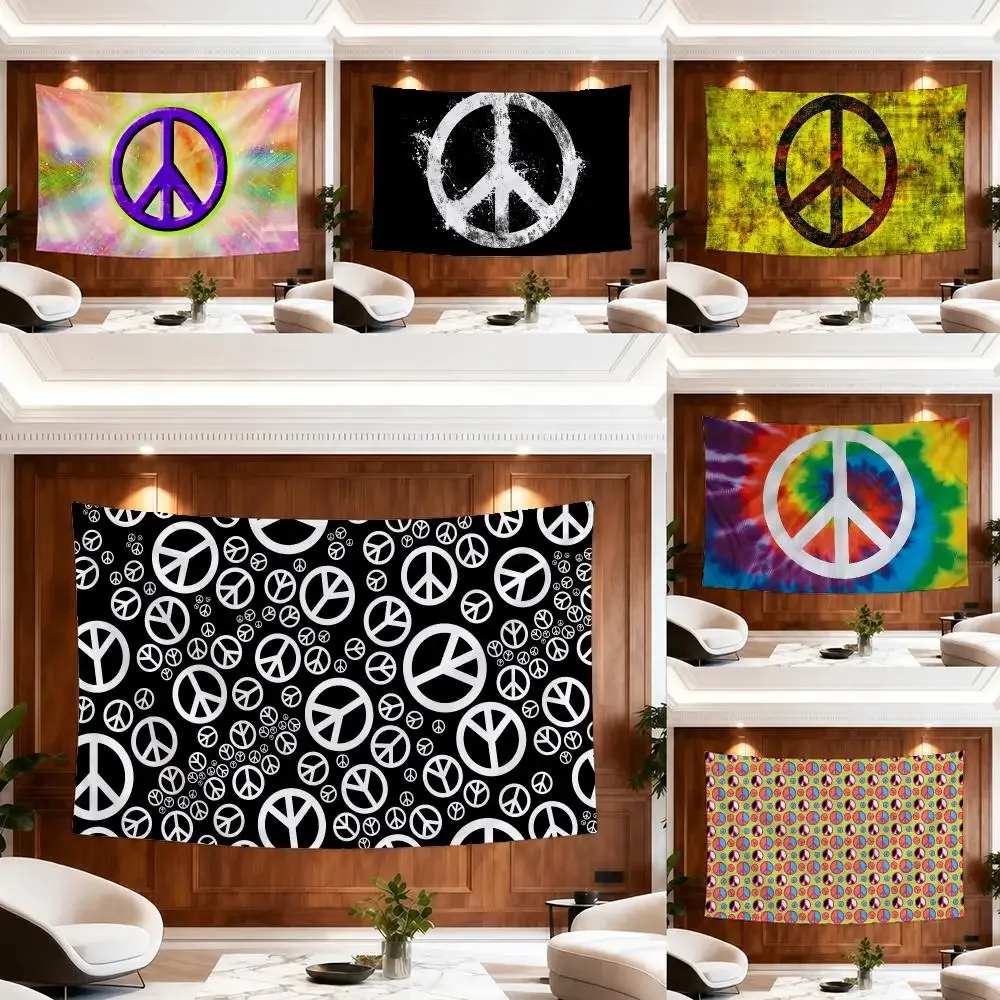 Peace Sign Tie Dye Grommets Flying Tapestry Living Bedroom Party Dormitory Interior Wall Bohemian Decoration Attached Clip