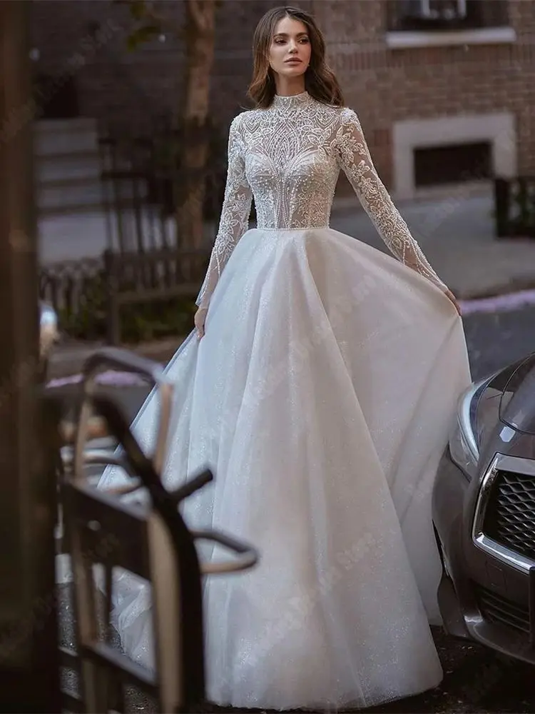 Однотонные женские свадебные платья с высоким воротником, новинка, платья невесты из яркого фатина, длинные платья с вырезом, 2024