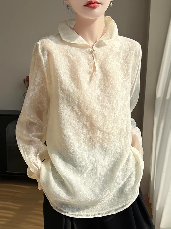 

Кофейная прямая рубашка-топ из шелка с воротником-стойкой, винтажный стиль, для повседневной носки, свободного кроя, женская, весна 2026, для офиса