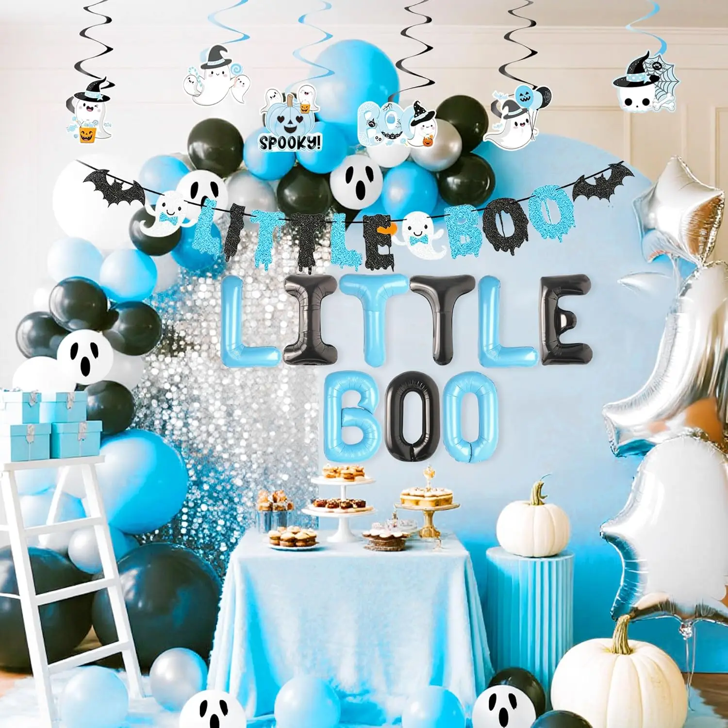 LaVenty 19-teiliges Little Boo Party-Dekor, Little Boo-Banner, Halloween-Geister-Luftballons für blau-schwarze Halloween-Babyparty-Dekoration