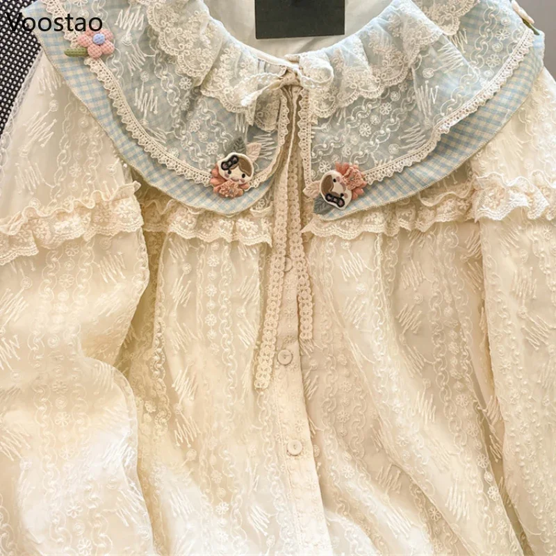 French Vintage Sweet Lolita Shirt Girl Kawaii Lace Ruffles Peter Pan Collar Long Sleeve Blouses Women Spring Autumn Casual Tops