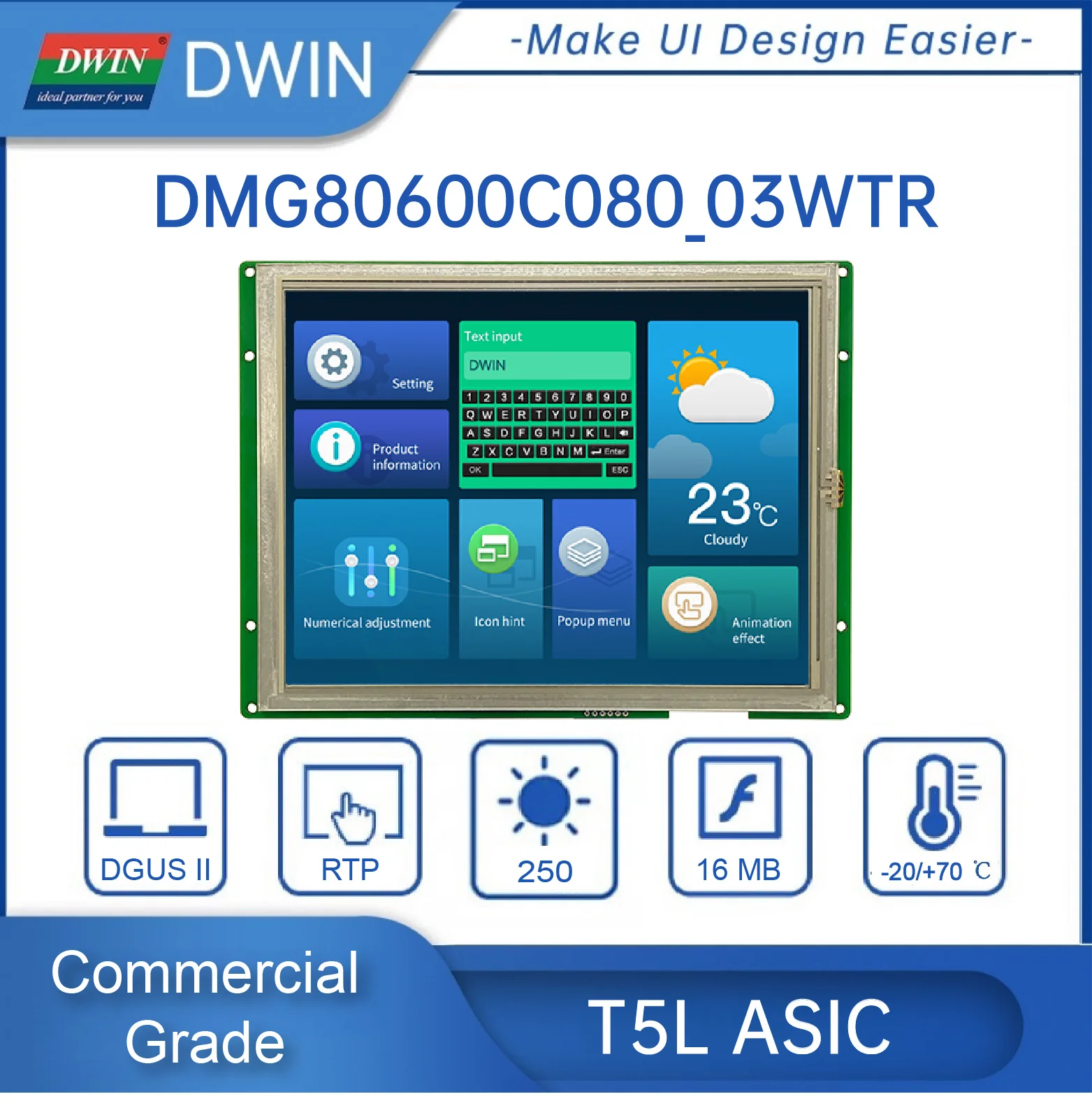 DWIN 8 Inch 800x600 UART Serial Port Display RS232/TTL Interface TFT LCD Module HMI Touch Screen for Arduino