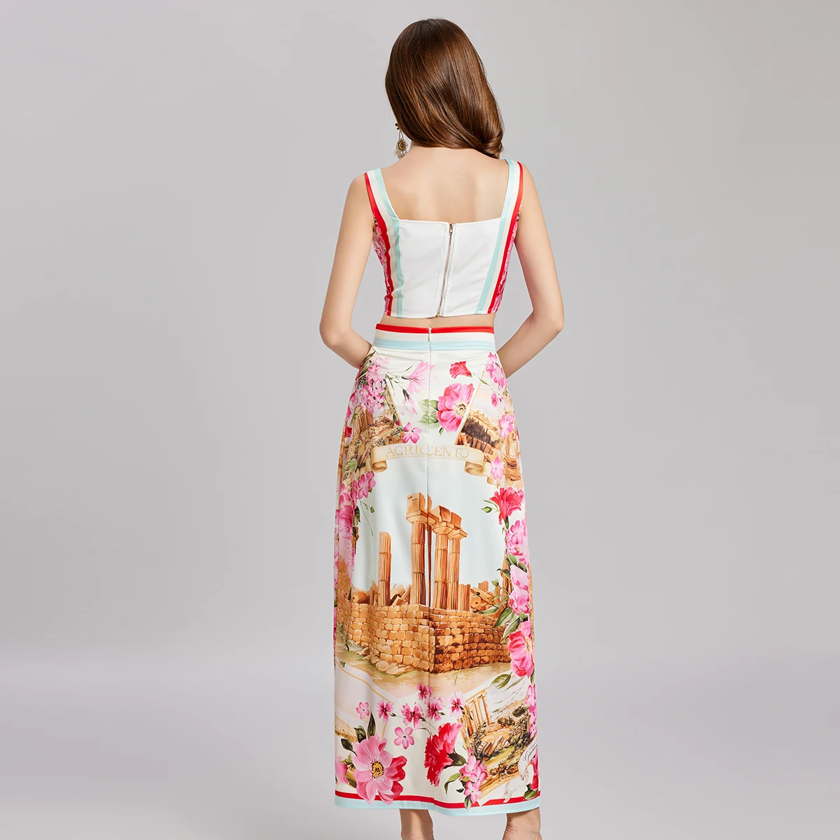 Conjunto de dos piezas de flores de verano para mujer, Tops cortos sexys, faldas largas, trajes con estampado Floral, arquitectura, conjuntos a juego por debajo de la rodilla para mujer