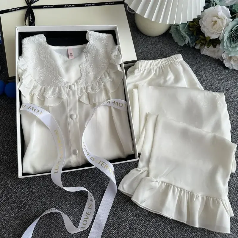 

Женский милый пижамный комплект из 2 предметов, кавайная кружевная отделка, рубашка с короткими рукавами, брюки, атласная домашняя одежда, весна-лето, новая одежда для дома, одежда для сна