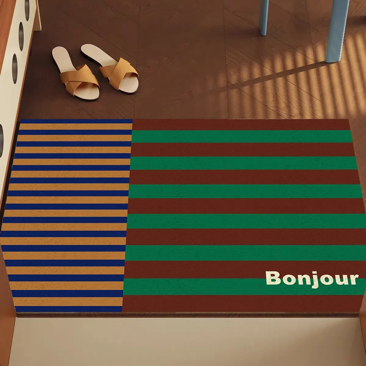 Door Mat Yellow Green Purple Stripe Welcome Pattern Non Slip Print Entryway Rug for Home Decoration