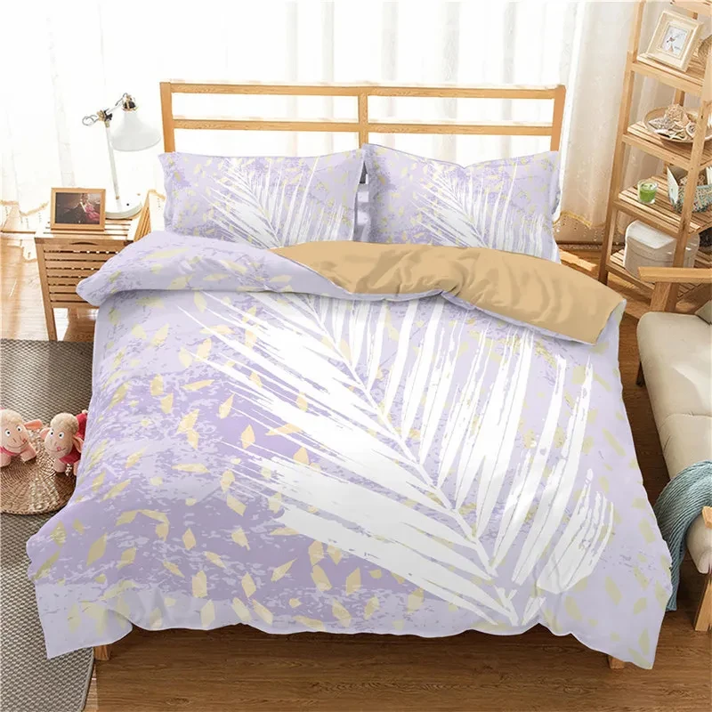 Feather Bedding Set King Queen Size For Adults Kids Bedroom Decor Geometric Leaves Print Duvet Cover Microfiber Comforter Cover