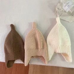 Gorro de punto con protección para los oídos para bebé, gorro cálido de Color sólido para niño y niña, Otoño e Invierno