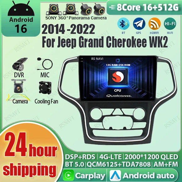 Android 16 Carplay Auto Qualcomm 2K QLED Bildschirm Autoradio für Jeep Grand Cherokee WK2 2014-2022 GPS DSP Stereo BT 4G Wifi