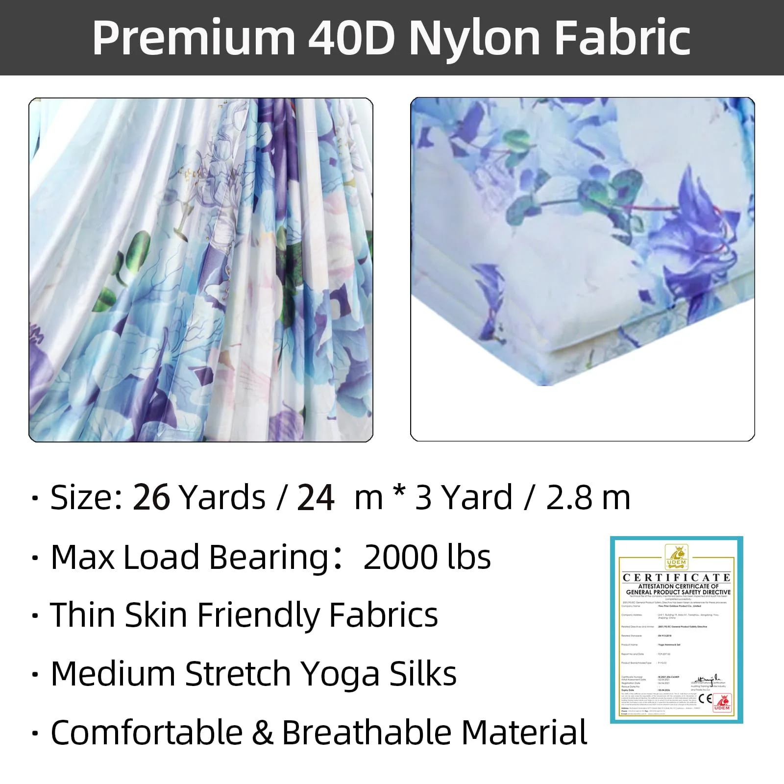 24M/26Yards Aerial Silks Set Colorful 40D Nylon Fabric Yoga Swing Kit with CE Certified Rigging Accessories for Acrobatic Dance