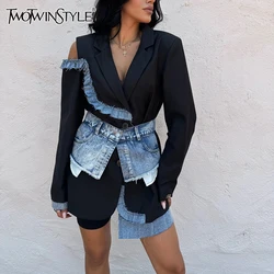 TWOTWINSTYLE Colorblock Hollow Out Jackets For Women Notched Collar Long Sleeve Patchwork Denim Vintage Jacket Female Clothing