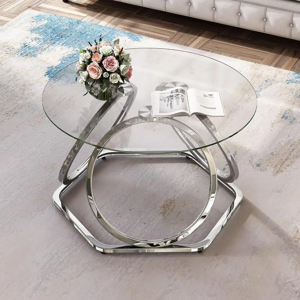 Coffee Table Modern Silver Coffee Living Room Table with Hexagonal Base, Round Coffee Table for HomeOffice, Chrome Finish