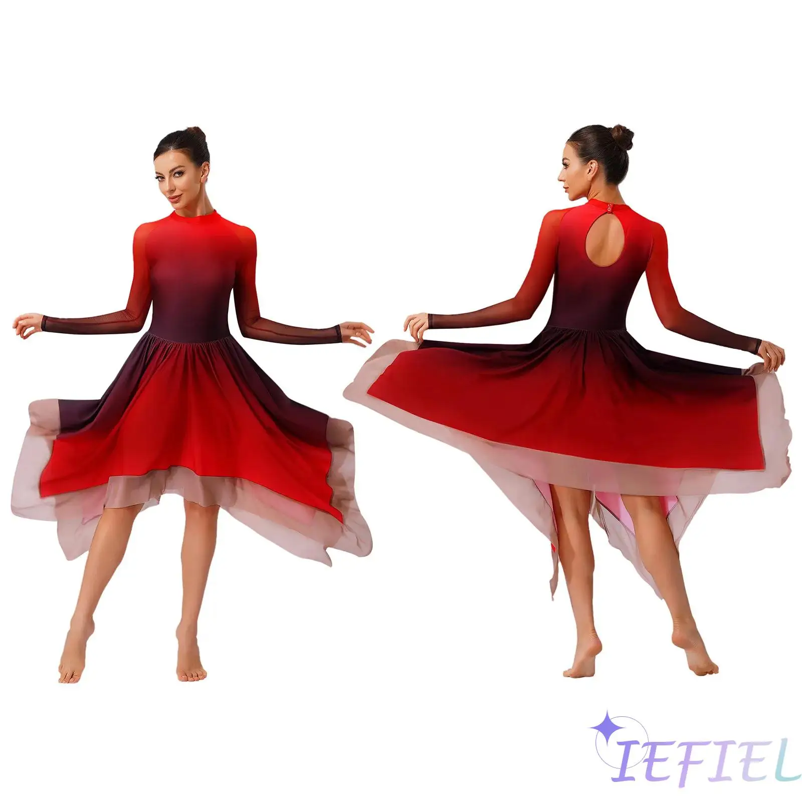 Womens Elegant Gymnastic Modern Dance Performance Dress Mesh Long Sleeve  Irregular Hem Ballet Leotard Dress Lyrical Dancewear - AliExpress 200000532