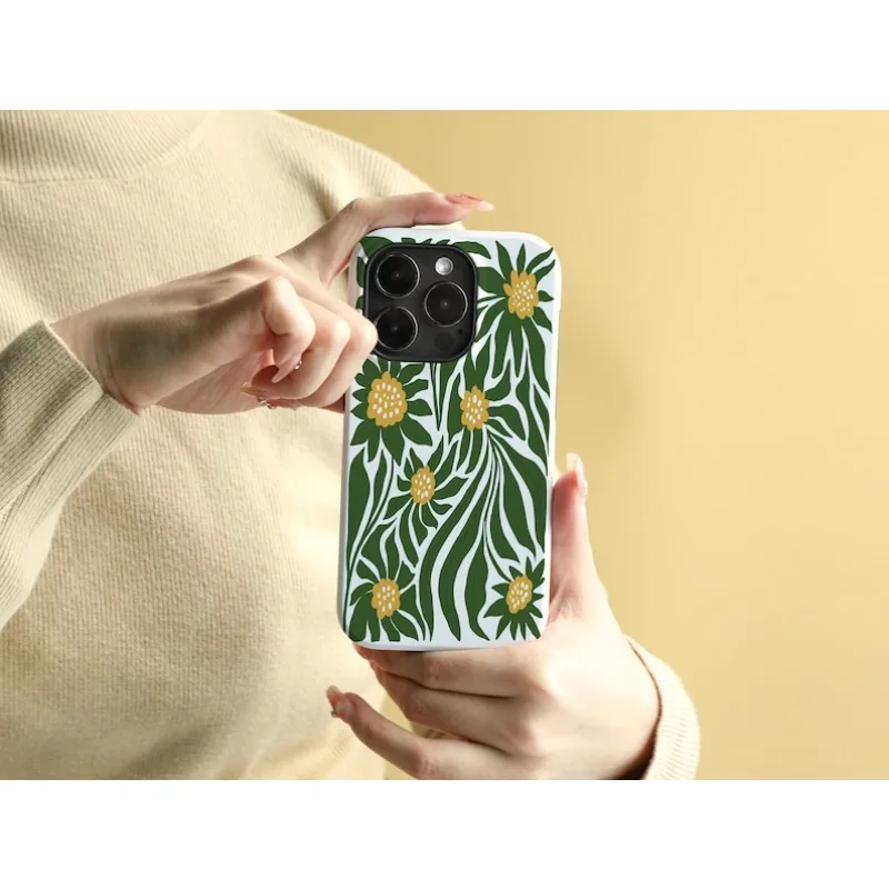 حافظة هاتف مغناطيسية لهاتف آيفون 17 16 15 14 13 12 11 16e Air PRO Plus مطبوعة عباد الشمس الخضراء غطاء مقاوم للصدمات من الأكريليك الصلب