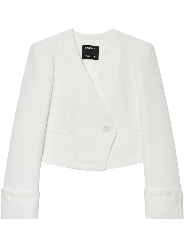 HH Women Summer Spring Chic White Wrap Blazer Summer Minimalist Double Breasted Cropped Jacket For Work And Formal Occasions