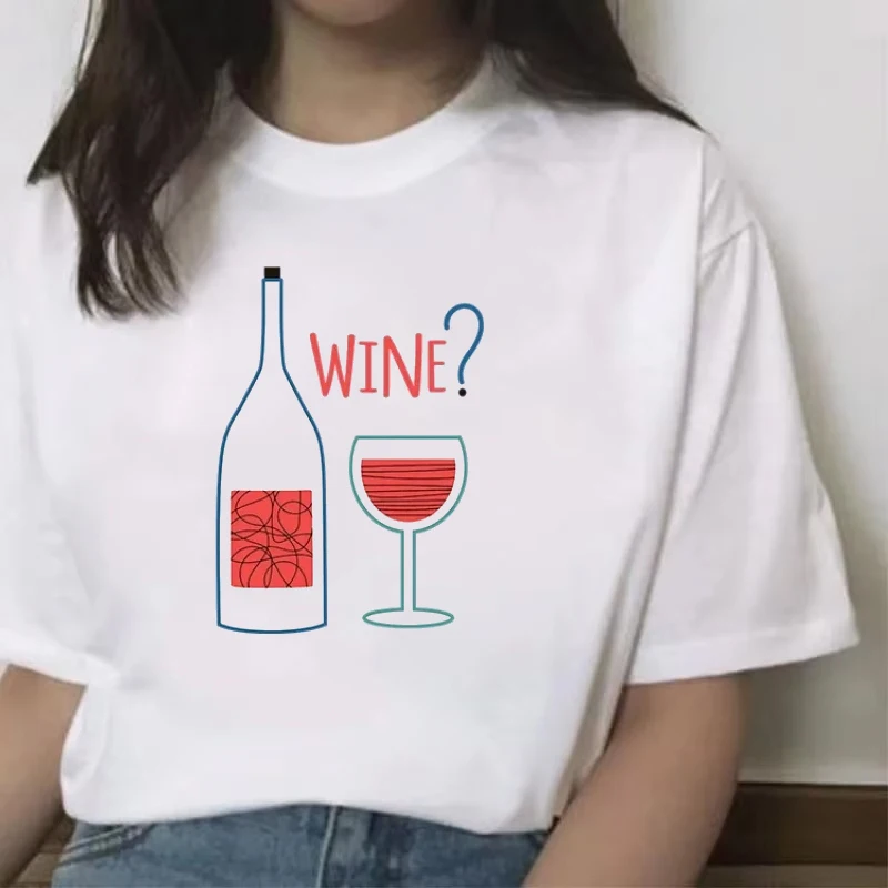 

Fashion Women Casual Tshirts Bottles and Glasses Is This Wine  Printed T-Shirts Y2k Breathable Sports Tops Street Style Clothes
