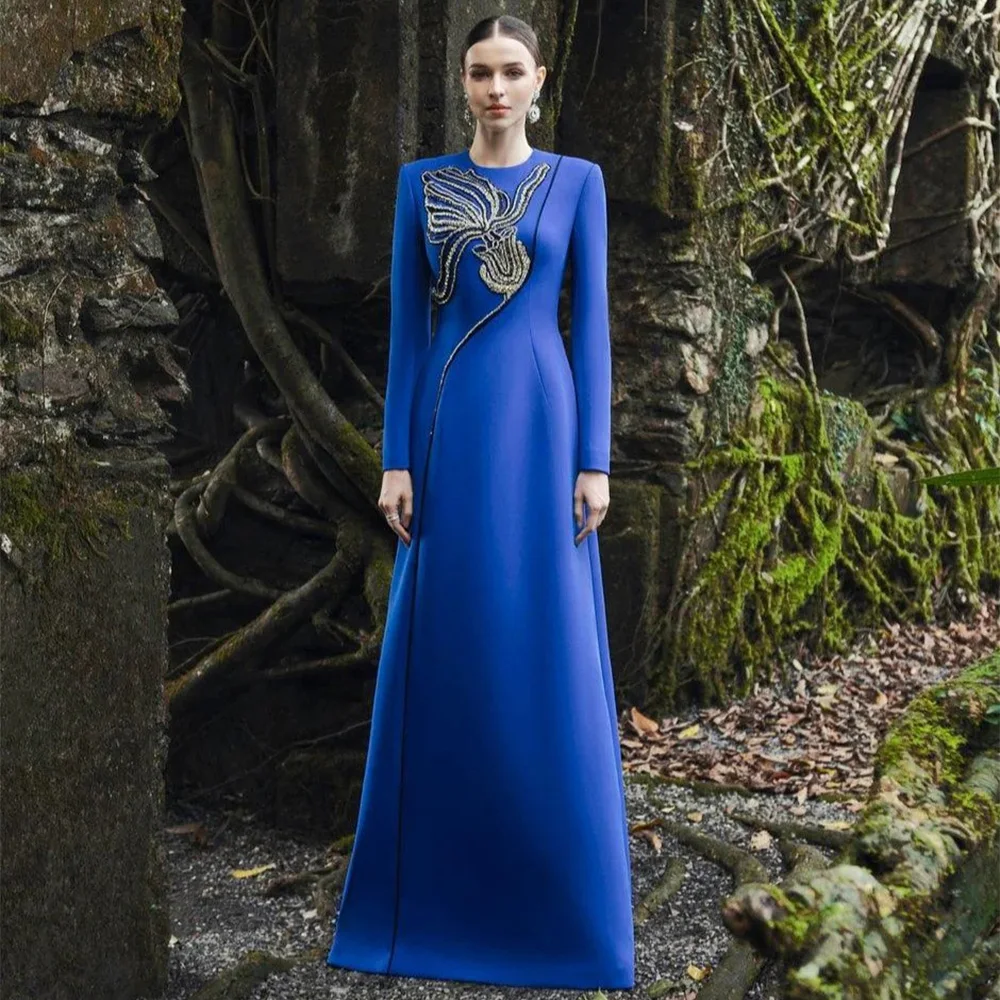 Nieuwe collectie koningsblauwe avondjurk op maat gemaakte lange mouwen ronde hals staaflijst een lijn Arabische feestjurk galajurken