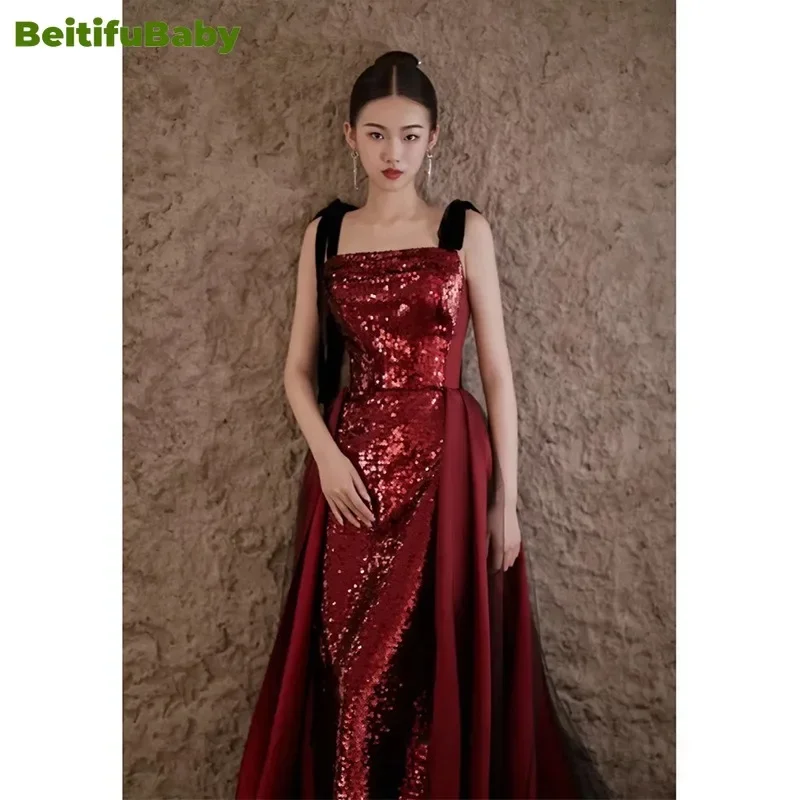 BeitifuBaby 2024 Vintage Women's Bride Engagement Prom Dress Light Luxury Sleeveless Sequins Palace Style Banquet Gown Vestidos