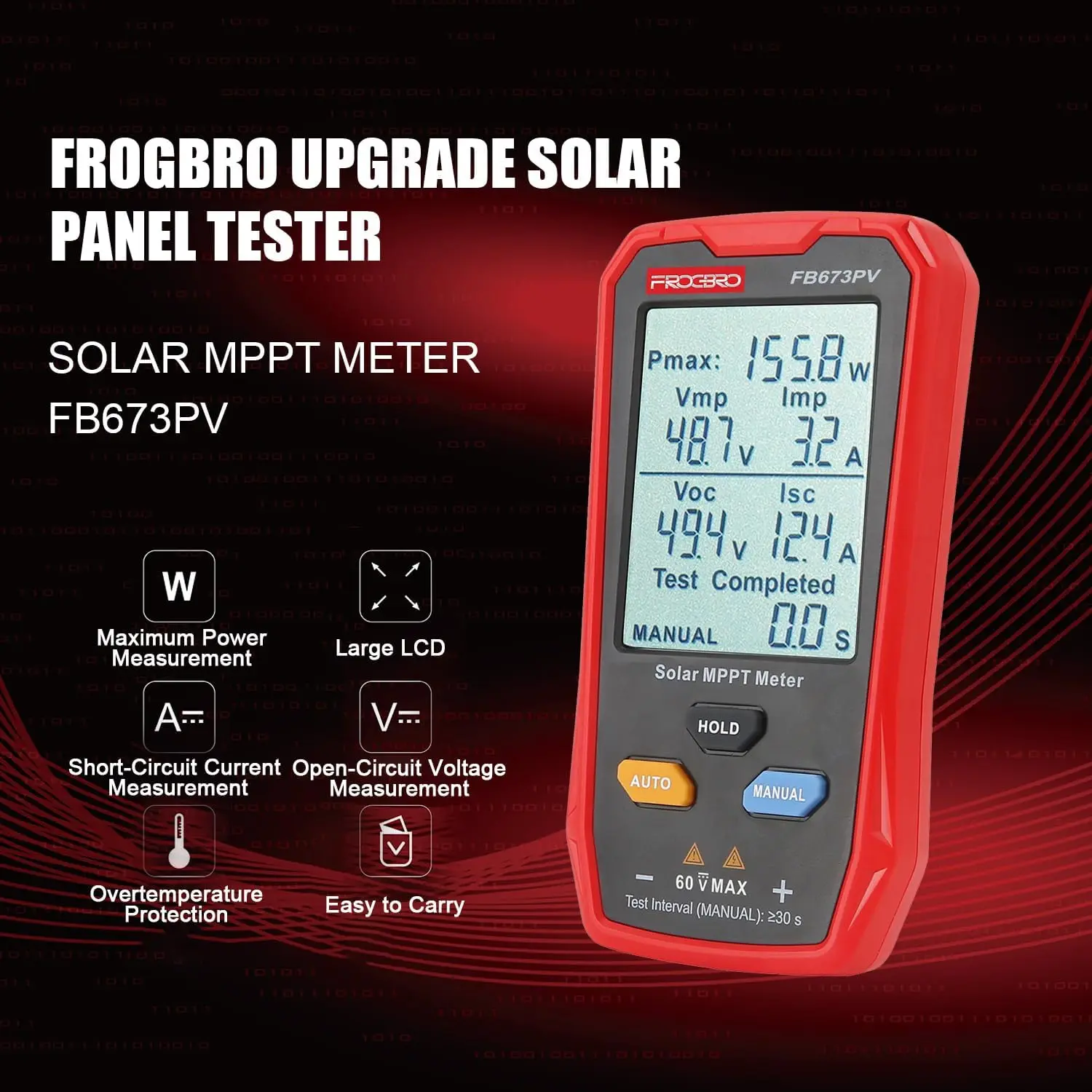 Upgrade Solar Panel Tester Meter Photovoltaic Multimeter 800W, Solar MPPT Meter with Large Ultra Clear LCD, Smart MPPT Open Circ