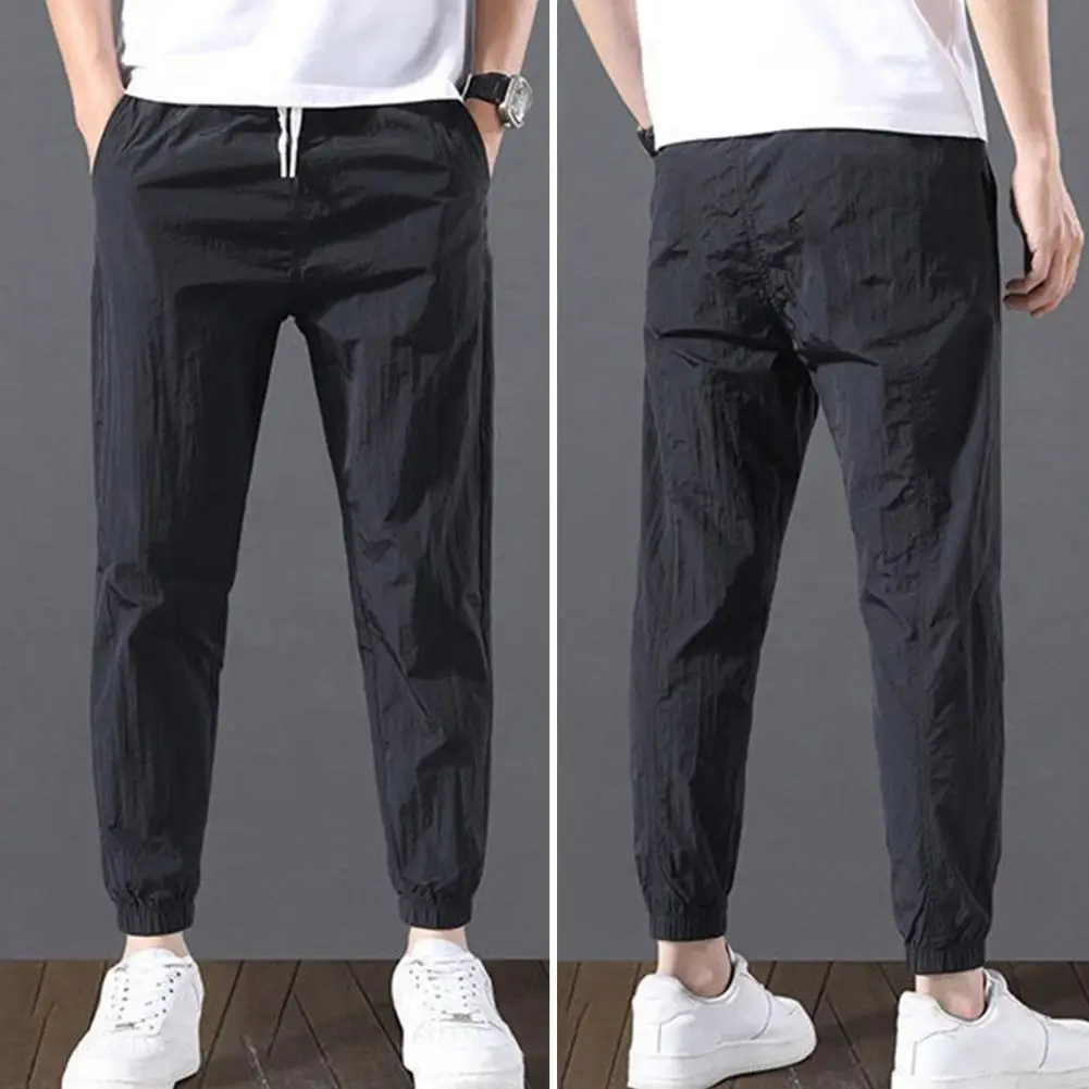 Trendy Men Sweatpants  Shrinkable Cuffs Soft Casual Sweatpants  Men Pure Color Plush Lining Drawstring Jogging Pants