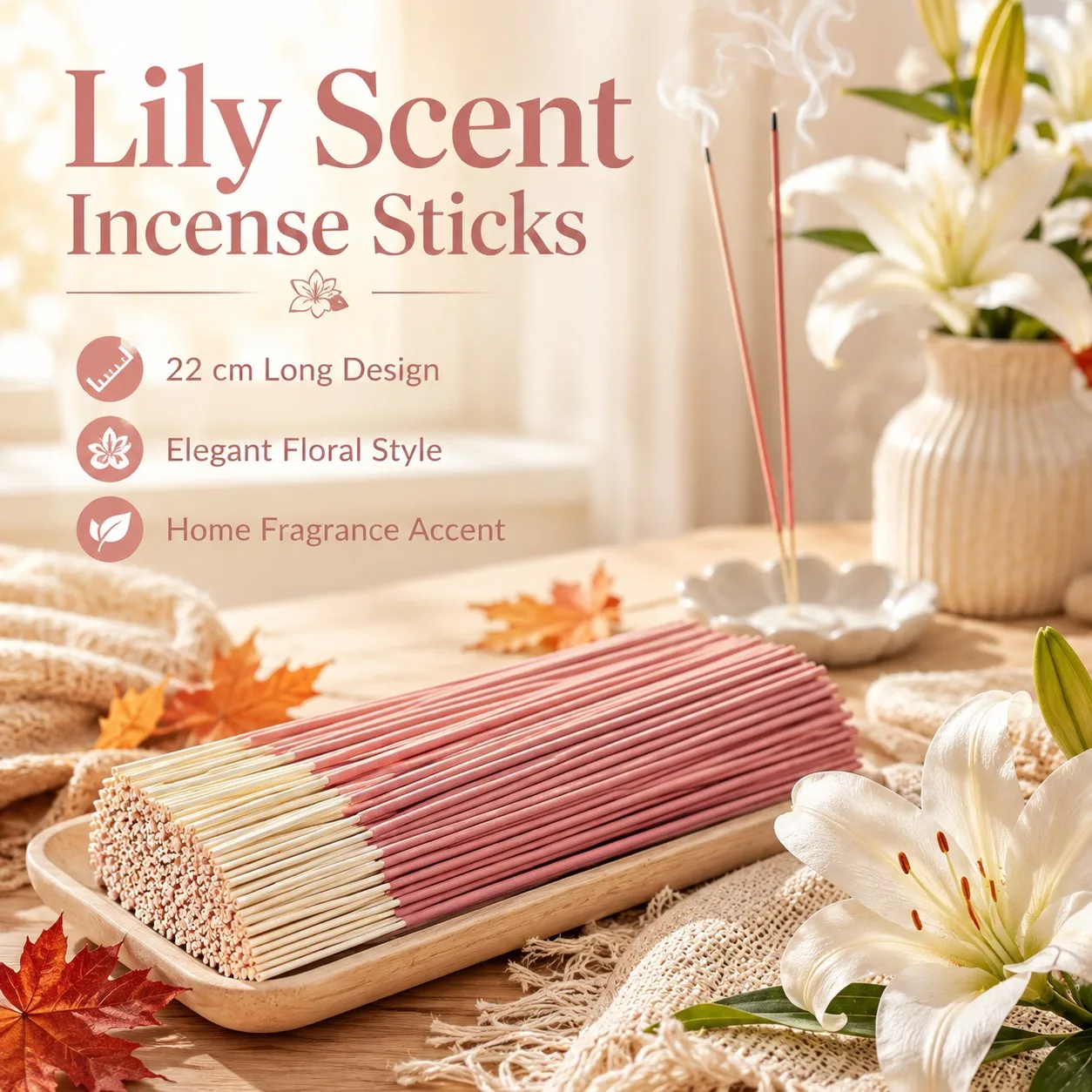 Lily Flower Fragrance Bamboo Incense Sticks, Pink Incense Sticks for Home Fragrance, 22cm Long Bamboo Core Incense Sticks, Suitable for Placing and Using in the Bedroom, Living Room, Study, Fragrance Corner. European and American Autumn Lily Flower Fragrance Home Decor, Multi-Specification Incense Stick Set