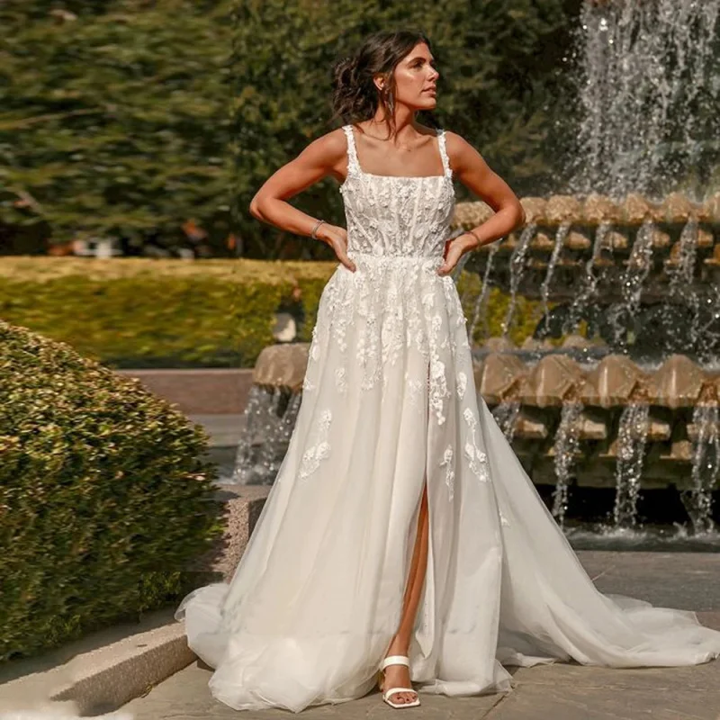 فساتين زفاف عصرية بياقة مربعة للعروس بفتحة عالية مزينة بالدانتيل وأربطة وطيات ذيل شابيل شحن سريع