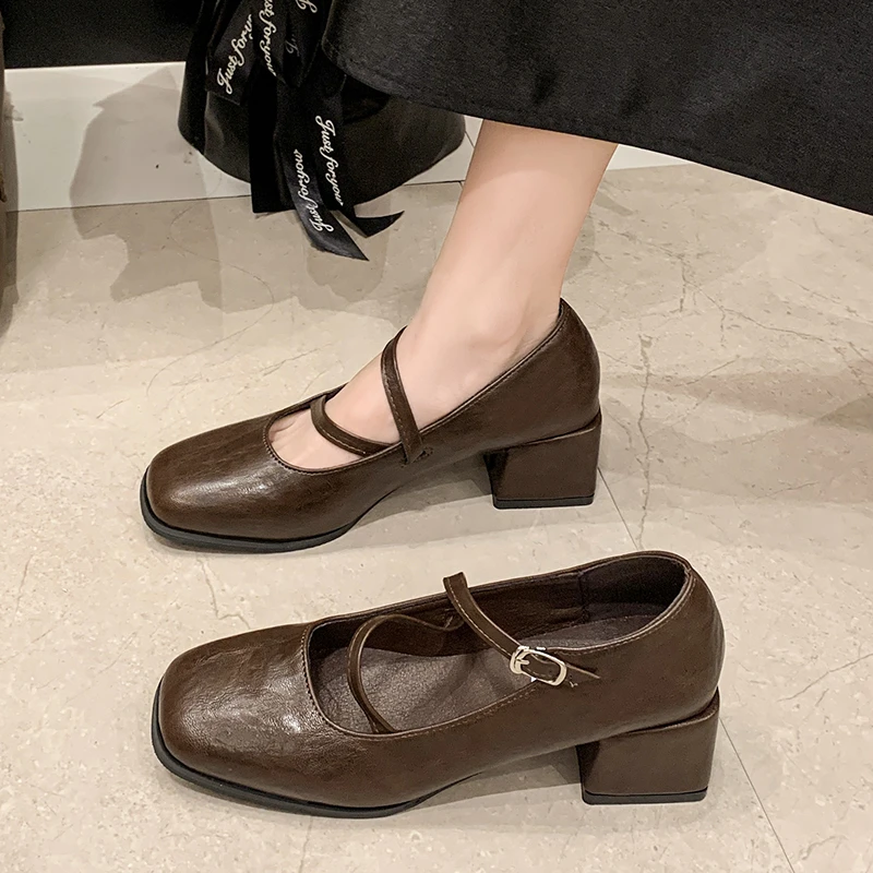 Womens Middle Heel Single Shoes with Square Toe One Line Buckle Anti Slip Spring Autumn Outdoor PU Coffee/Black Low Top Shoes