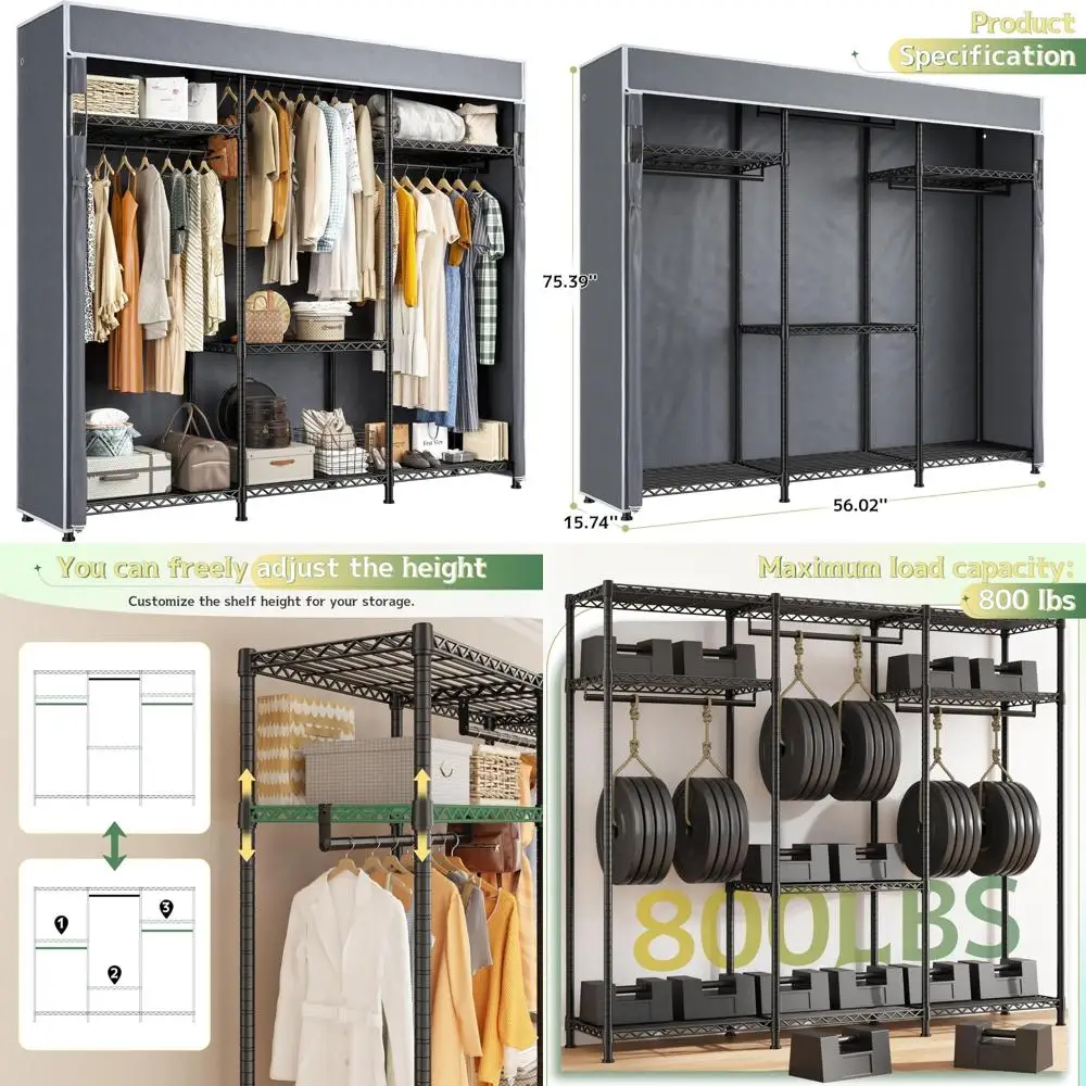 رف ملابس معلق شديد التحمل لغرفة النوم مع غطاء، يدعم 800 رطل، 56 عريض × 16 عميق × 75.5 ارتفاعًا #1