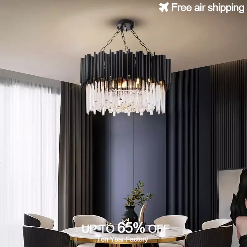 

Luxury Modern LED Crystal Bar Chandelier Black Stainless Steel for Living Room Indoor Ceiling Light Home Decor Lighting Fixture