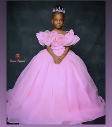 Pink Kids Birthday Dresses Customized Flower Girl Dresses Off the Shoulder Ruffles Tiered Tulle Ball Gowns for Wedding
