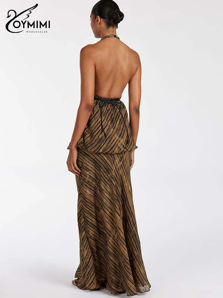 Oymimi Fashion Brown Print Set 2 pezzi Donna Eleagnt Halter Neck Top aperti sul retro + Set gonne dritte a vita alta fino al pavimento