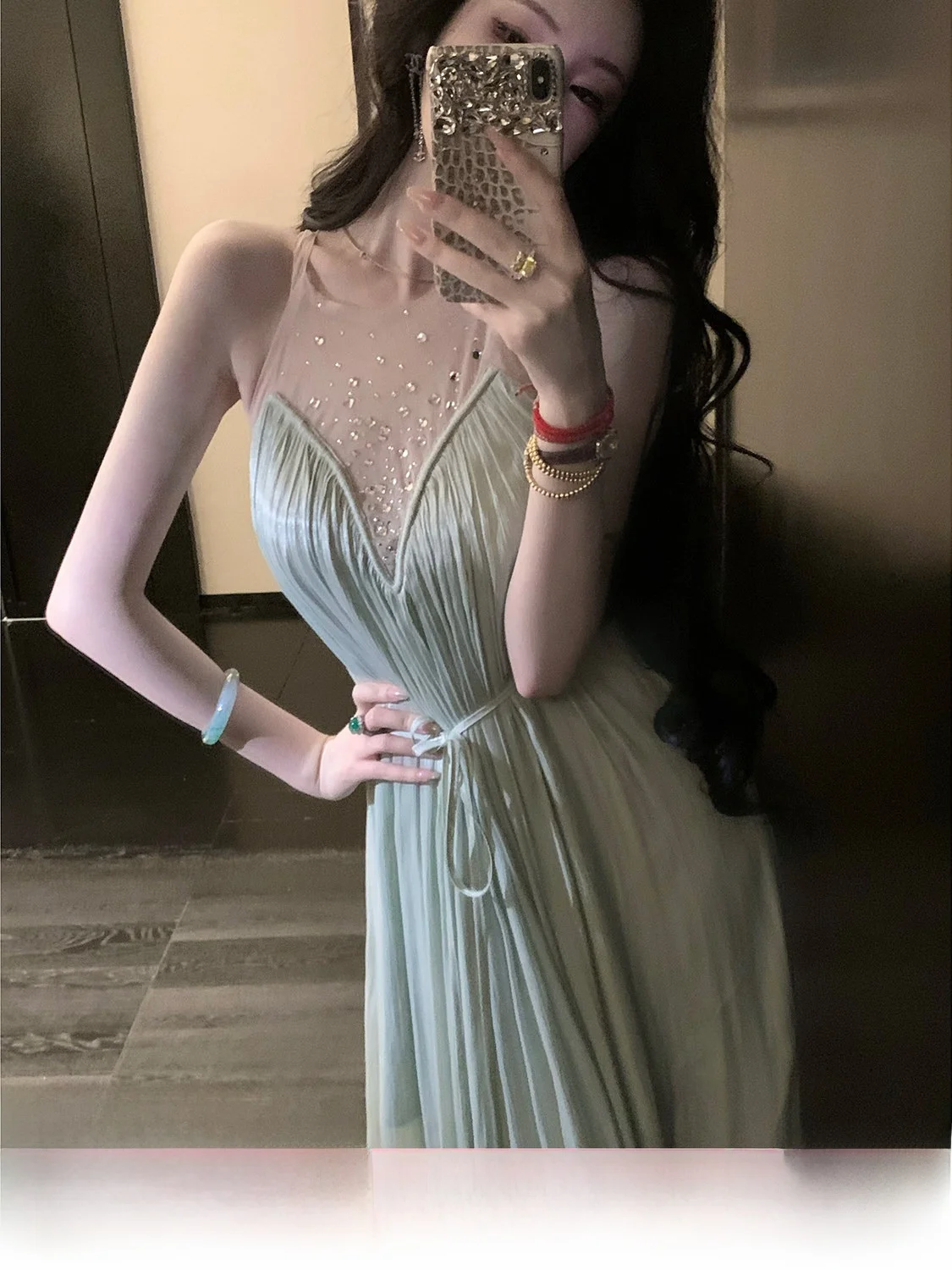 

Elegant Sun Yaqiao Summer Dress Water Light Wrinkle A-Line Skirt Sequin Mesh Splice Pleated Long Dress Women's Fashion Dress