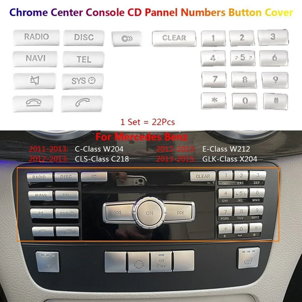 22 X Auto Center Console CD Numbers Button Cover Trim Stickers For Mercedes For Benz W204 W212 C218 GLK X204 Silver Chrome Part