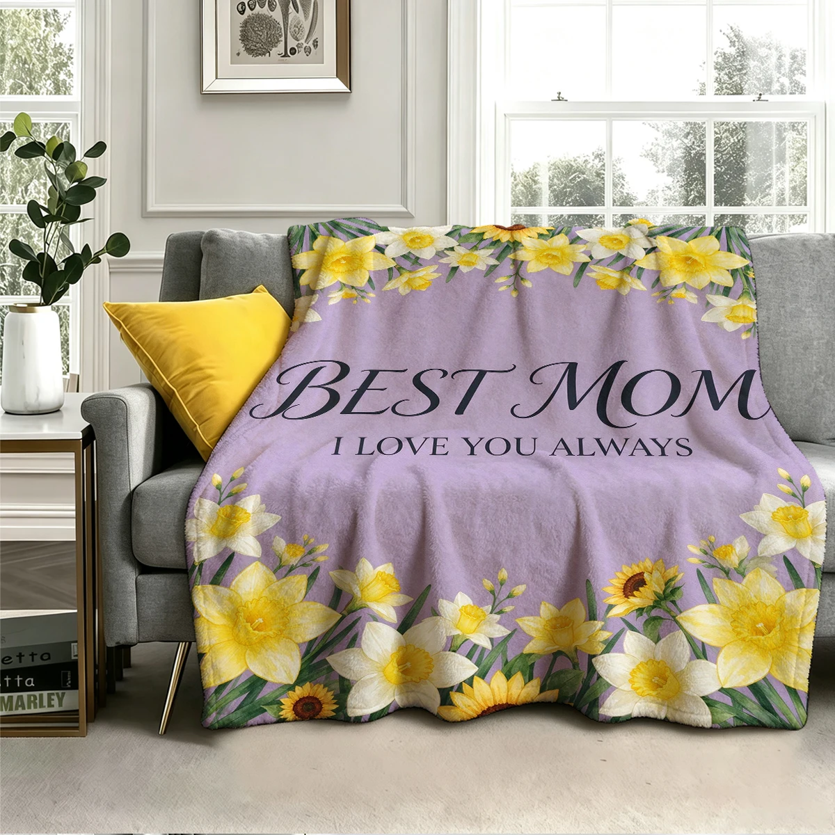 Best Mom Love Daffodil Lav Cute Flannel Fleece Throw Blanket Soft Plush Bed Couch Cover Perfect Gift for Women Girls Kids