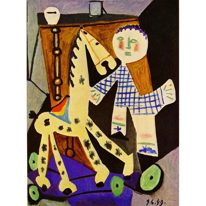 Obras de arte de Pablo Picasso, Claude, dos años, y su caballo de hobby, pintura al óleo abstracta hecha a mano, imagen de pared de habitación infantil