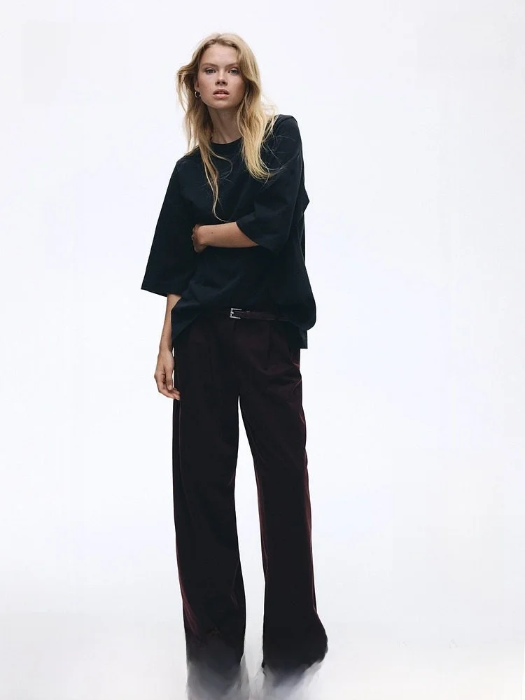 

Весенние женские повседневные брюки с высокой талией и прямыми штанинами из ткани с эффектом мятости, с поясом, длинные, от H&M 308477